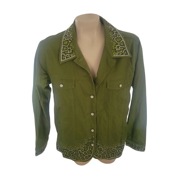 QUAKER FACTORY Green Denim Jacket Rhinestone Embellishments Button Front Women M - Picture 1 of 8